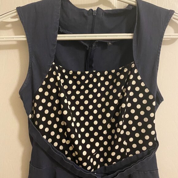 Dark Blue Polka Dot Midi Dress Fit and Flare with Square Neckline Size S - Picture 3 of 10